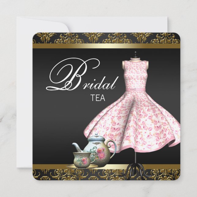 Pink Gold and Black Damask Bridal Tea Party Invitation (Front)