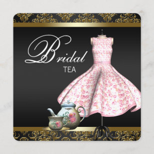 Pink Gold and Black Damask Bridal Tea Party Invitation