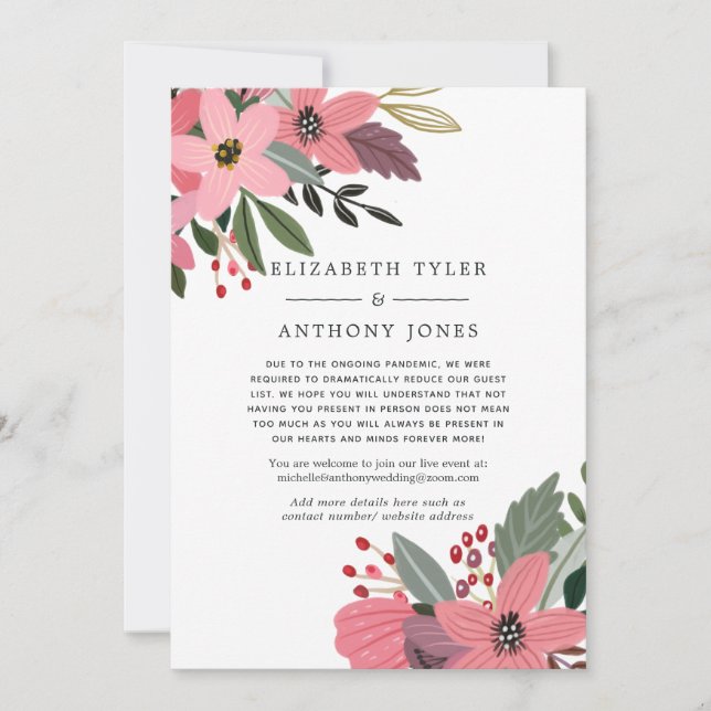 Pink, Gold and Black Floral Reduced Wedding Guests Announcement (Front)