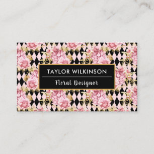 Pink, Gold and Black Floral Roses with Diamonds Bu Business Card