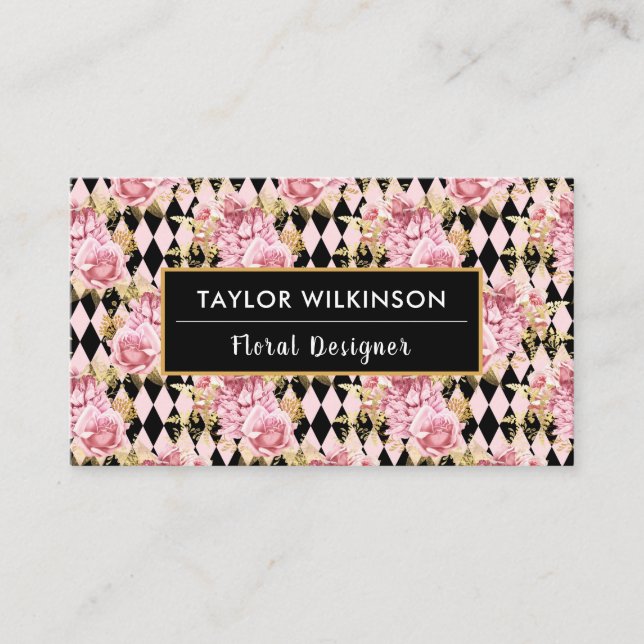 Pink, Gold and Black Floral Roses with Diamonds Bu Business Card (Front)