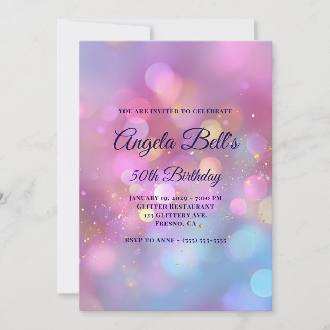 Pink Gold and Blue Bokeh 50th Birthday Invitation (Front)