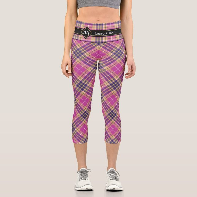 Pink, Gold and Blue Tartan Capri Leggings (Front)