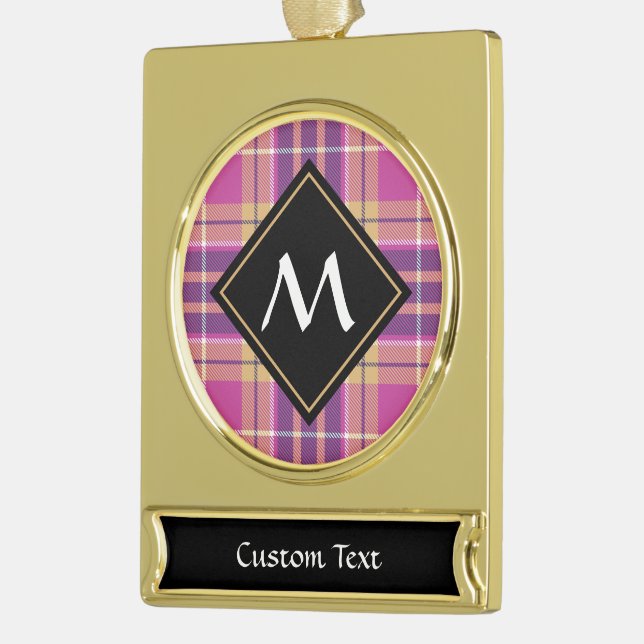 Pink, Gold and Blue Tartan Gold Plated Banner Ornament (Left)