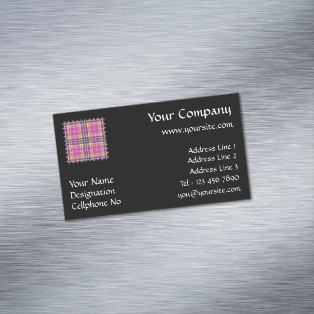 Pink, Gold and Blue Tartan Magnetic Business Card (In Situ)