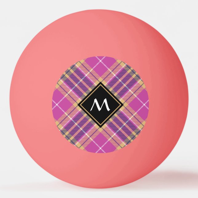 Pink, Gold and Blue Tartan Ping Pong Ball (Front)