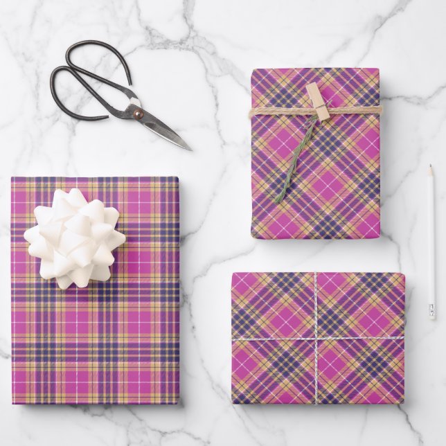 Pink, Gold and Blue Tartan Wrapping Paper Sheet (Front)