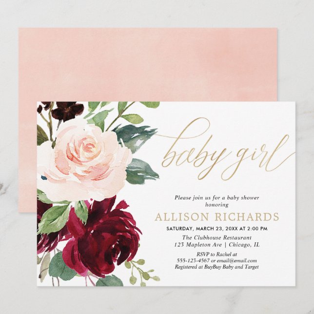Pink gold and burgundy floral girl baby shower invitation (Front/Back)