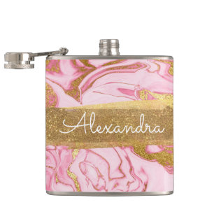 Pink, Gold and Marble with Gold Foil and Glitter Hip Flask