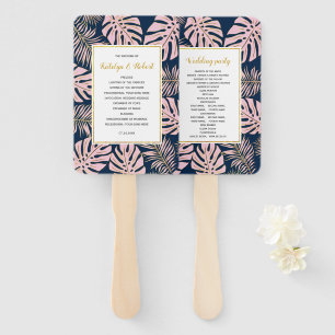 Pink gold and navy tropical leaves wedding program hand fan