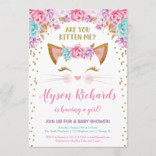 Pink gold and teal floral kitty girl baby shower invitation