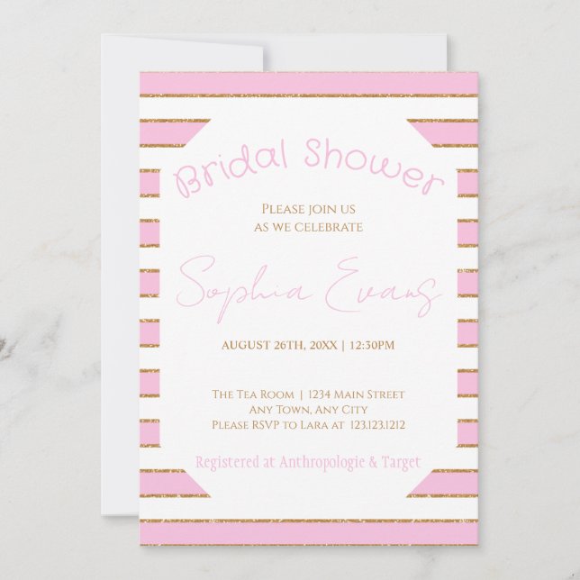 Pink Gold and White Striped Bridal Shower Invitation (Front)