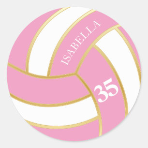 Pink, Gold and White Volleyball - Personalise Classic Round Sticker