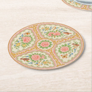 Pink & Gold Antique Rose Medallion  Round Paper Coaster