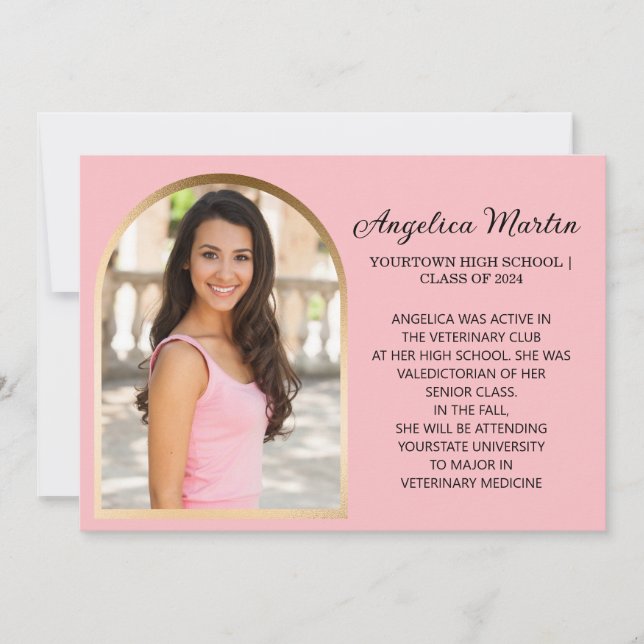 Pink Gold Arch Photo Graduation Announcement (Front)