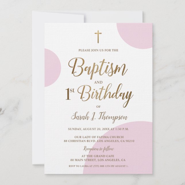 Pink Gold Baby Girl Baptism 1st Birthday Invitation (Front)