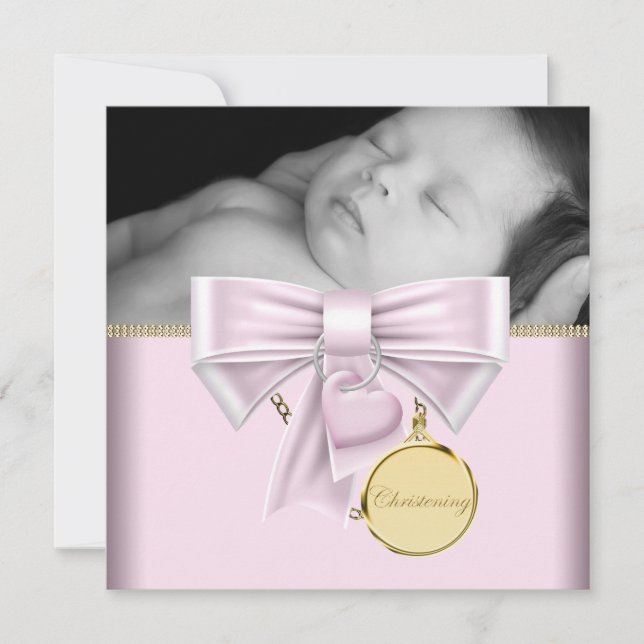 Pink Gold Baby Girl Photo Christening Invitation (Front)