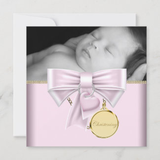 Pink Gold Baby Girl Photo Christening Invitation