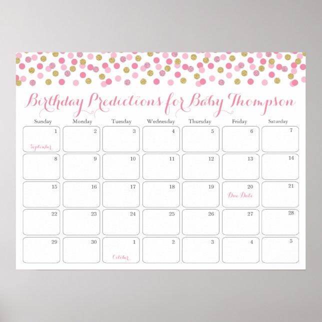 Pink Gold Baby Shower Birthday Prediction Calendar Poster (Front)