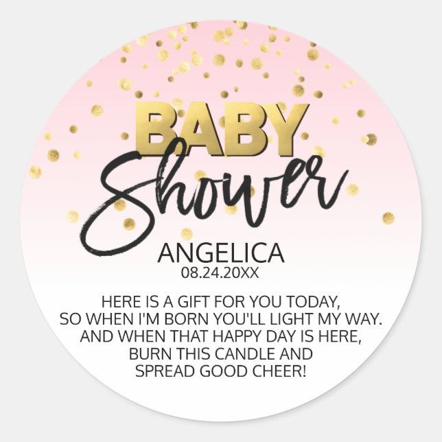 Pink Gold Baby Shower Candle Votive Favour Labels (Front)