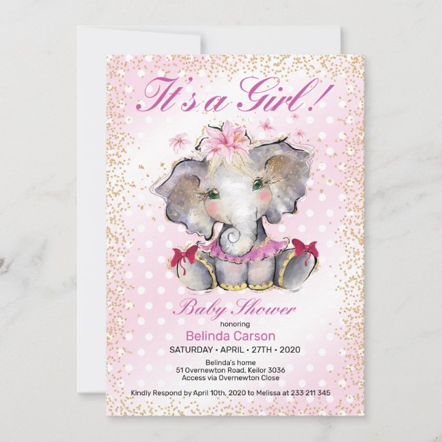 Pink Gold Baby Shower Invitation Baby Elephant (Front)