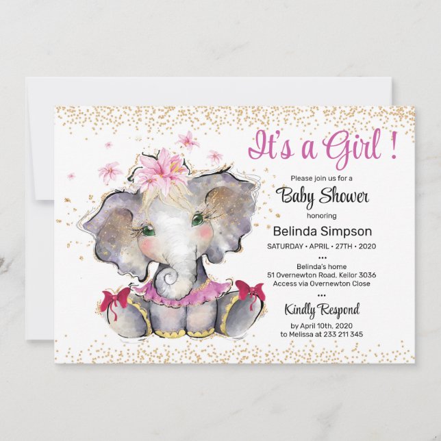 Pink Gold Baby Shower Invitation Baby Elephant (Front)