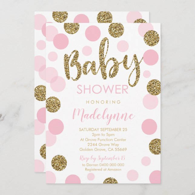 Pink Gold Baby Shower invitation Confetti Girl (Front/Back)