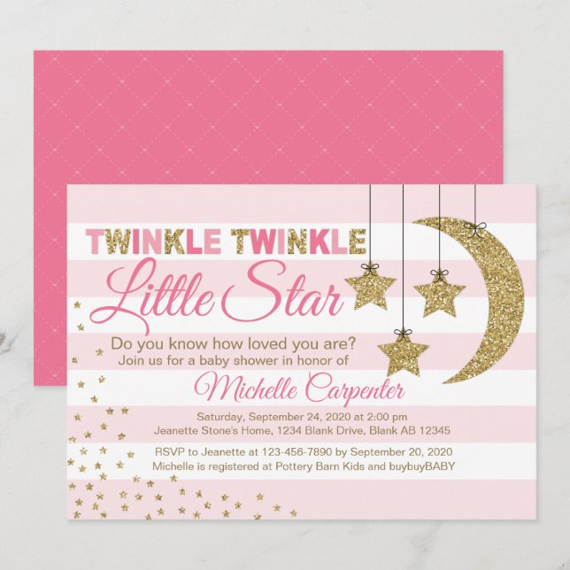 Pink Gold baby shower invitation girl little star (Front/Back)
