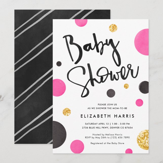 Pink & Gold Baby Shower Invitations - Polka Dots (Front/Back)