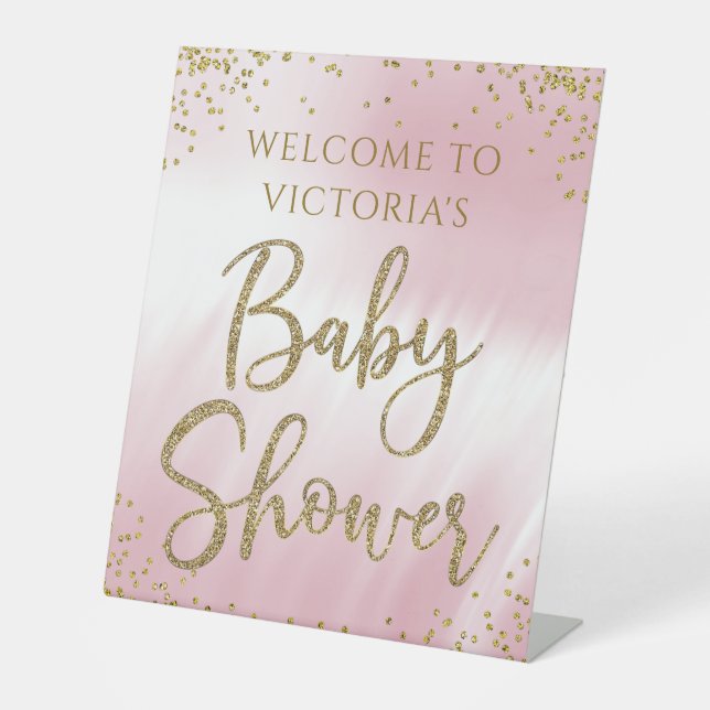 Pink Gold Baby Shower Welcome Table Sign (Front)