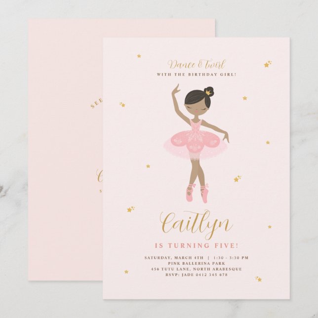 Pink & Gold Ballerina Birthday Invitation (Front/Back)