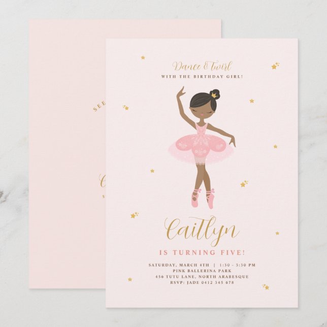 Pink & Gold Ballerina Birthday Invitation (Front/Back)