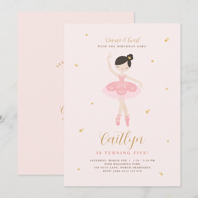 Pink & Gold Ballerina Birthday Invitation (Front/Back)
