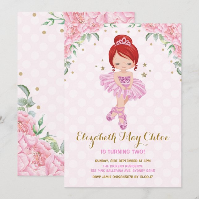 Pink Gold Ballerina Birthday Invite Princess Party (Front/Back)