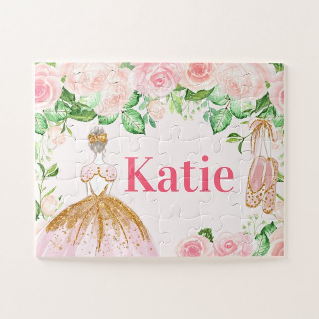 Pink & Gold Ballerina Dance Themed Custom Name Jigsaw Puzzle (Horizontal)