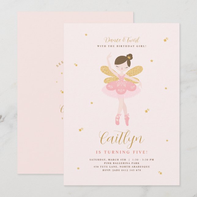Pink & Gold Ballerina Fairy Birthday Invitation (Front/Back)