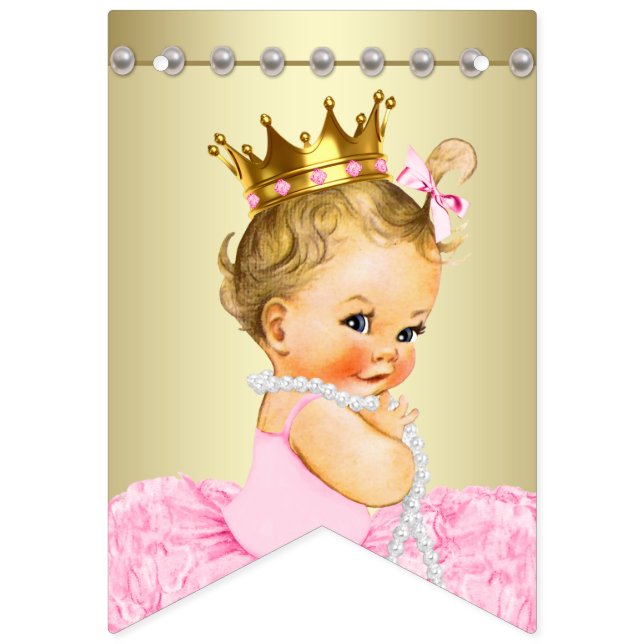 Pink Gold Ballerina Tutu Pearls Girl Baby Shower Bunting (First Flag)