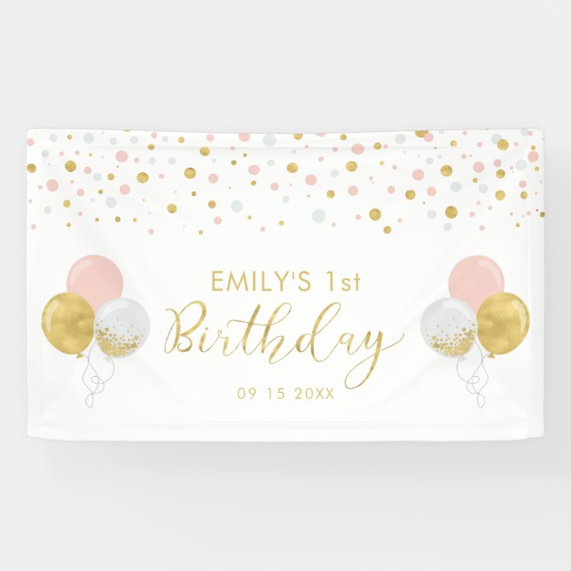 Pink & Gold Balloon 1st Birthday Banner (Horizontal)