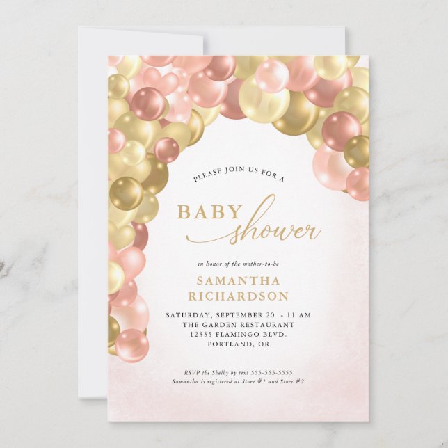 Pink & Gold Balloon Arch Girl Baby Shower Invitation (Front)