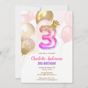 Pink Gold Balloon Girl 3rd Birthday Invitation