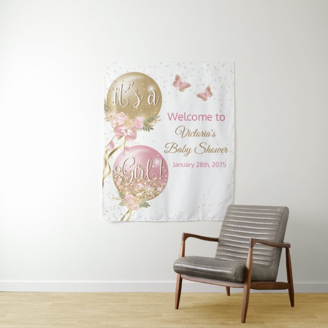 Pink Gold Balloon Girl Baby Shower M Backdrop Tapestry (In Situ)