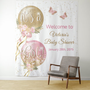 Pink Gold Balloon Girl Baby Shower XL Backdrop Tapestry