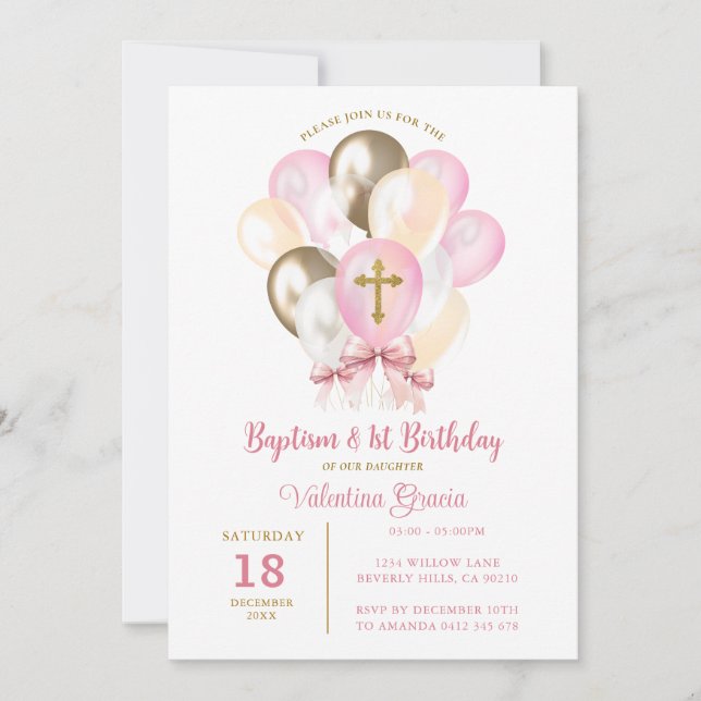 Pink Gold Balloon Girl Baptism Birthday Bow tie Invitation (Front)