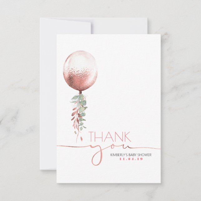 Pink Gold Balloon Greenery Baby Shower Thank You Card (Front)