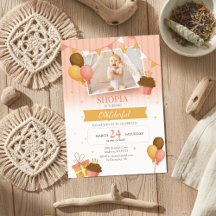Pink Gold Balloons 1st Birthday Photo Invitation