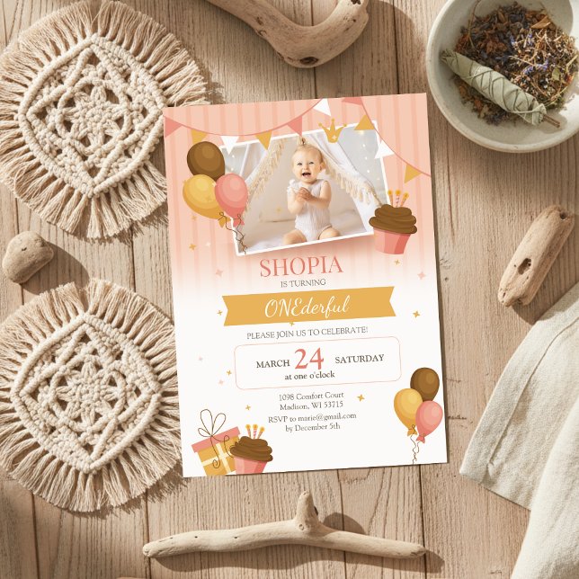 Pink Gold Balloons 1st Birthday Photo Invitation (Creator Uploaded)