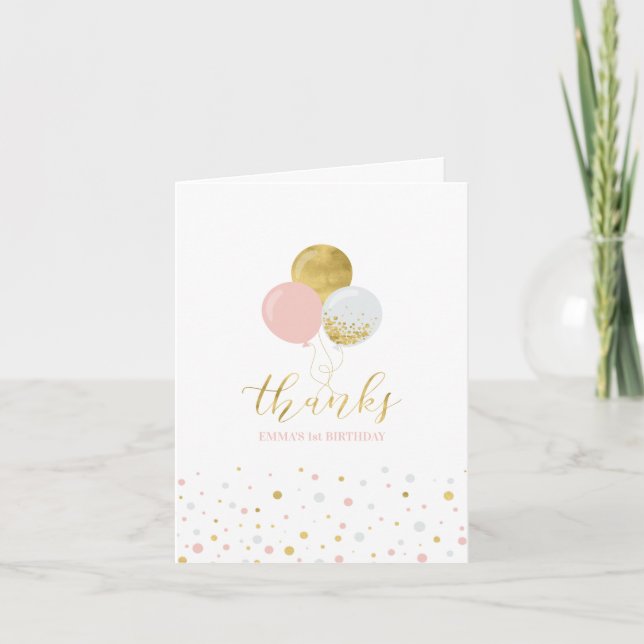Pink & Gold Balloons 1st Girl Birthday Thank you Card (Front)