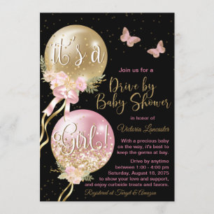 Pink Gold Balloons Butterflies Covid Baby Shower Invitation