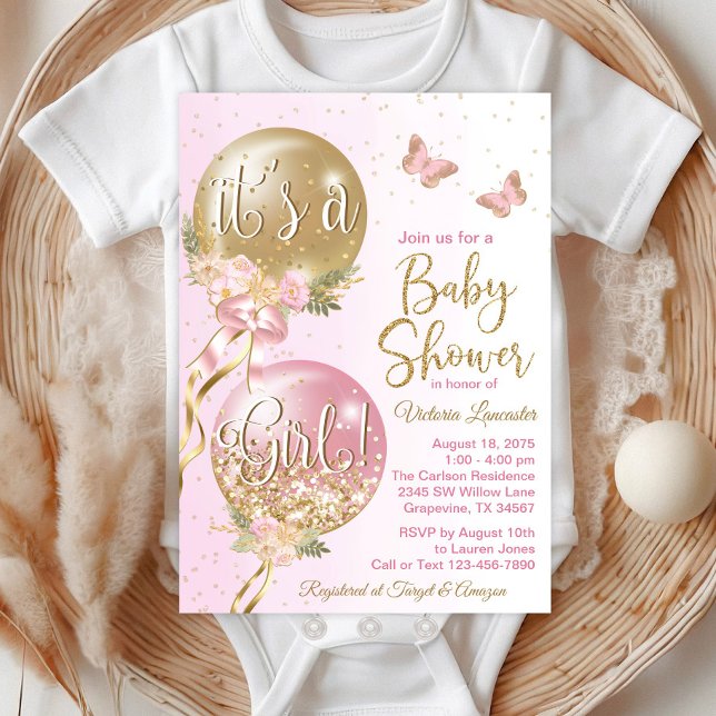 Pink Gold Balloons Butterfly Baby Shower Invitation (Beautiful butterfly and balloons baby shower invitations. )