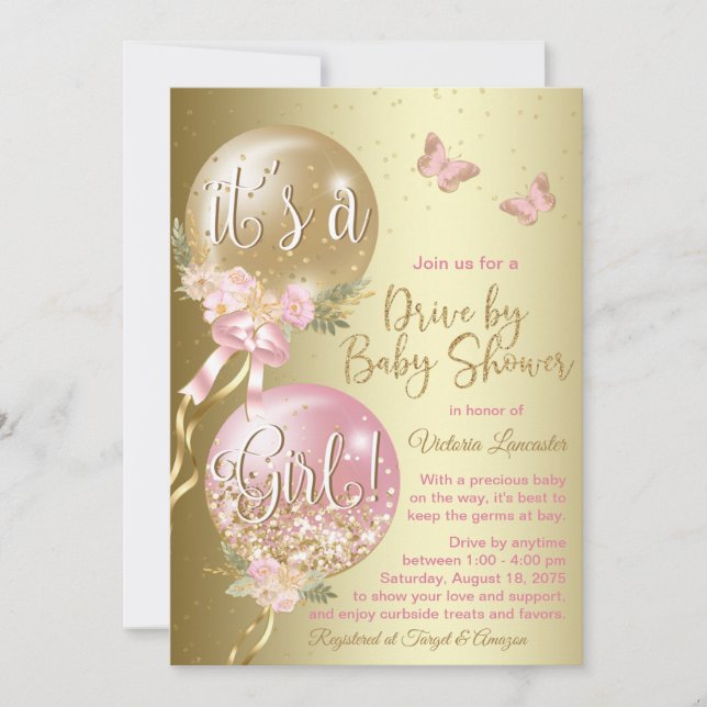 Pink Gold Balloons Butterfly Covid Baby Shower Invitation (Front)